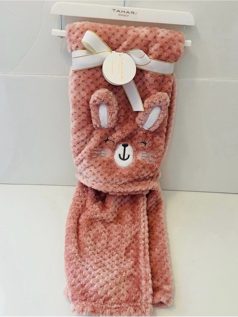 Tahari Baby Bunny Rabbit Plush Pink & White Baby Blanket 3D Dimensional Ears